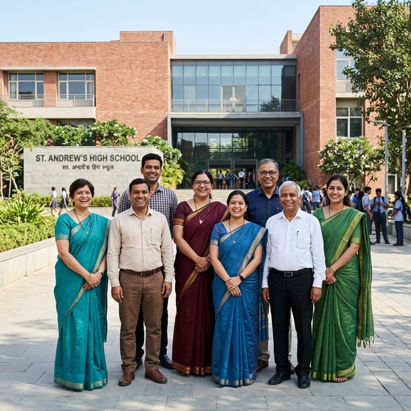 Indian school building and diverse teachers standing together