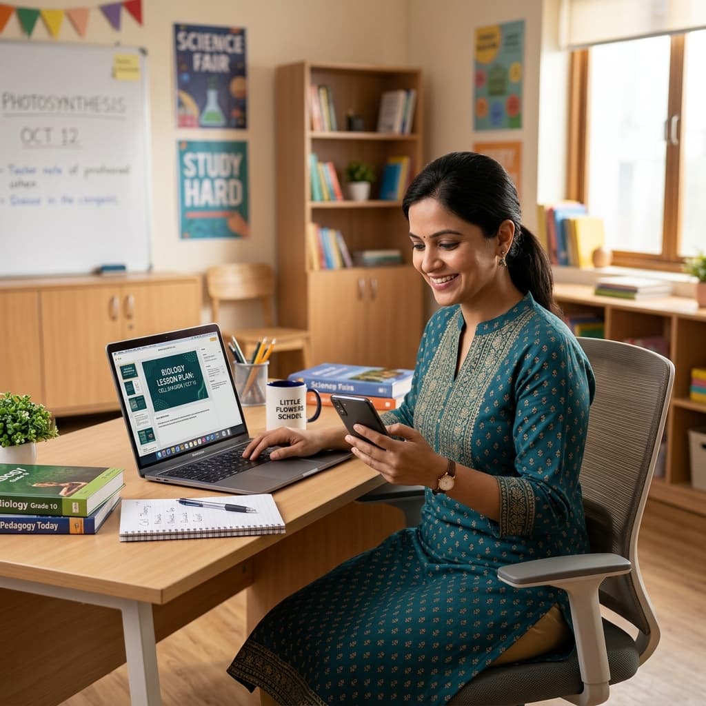 Indian teacher practicing CPD task on laptop and phone