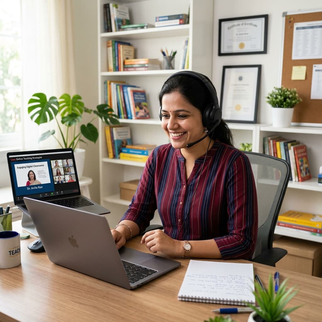 Indian teacher attending live online CPD Teachers' Talk seminar